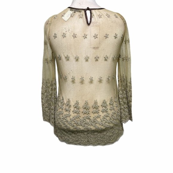 Anthropologie RYU Embroidered Top Sm Scalloped BOHO Bell Sleeve Overlay Blouse - Picture 2 of 9